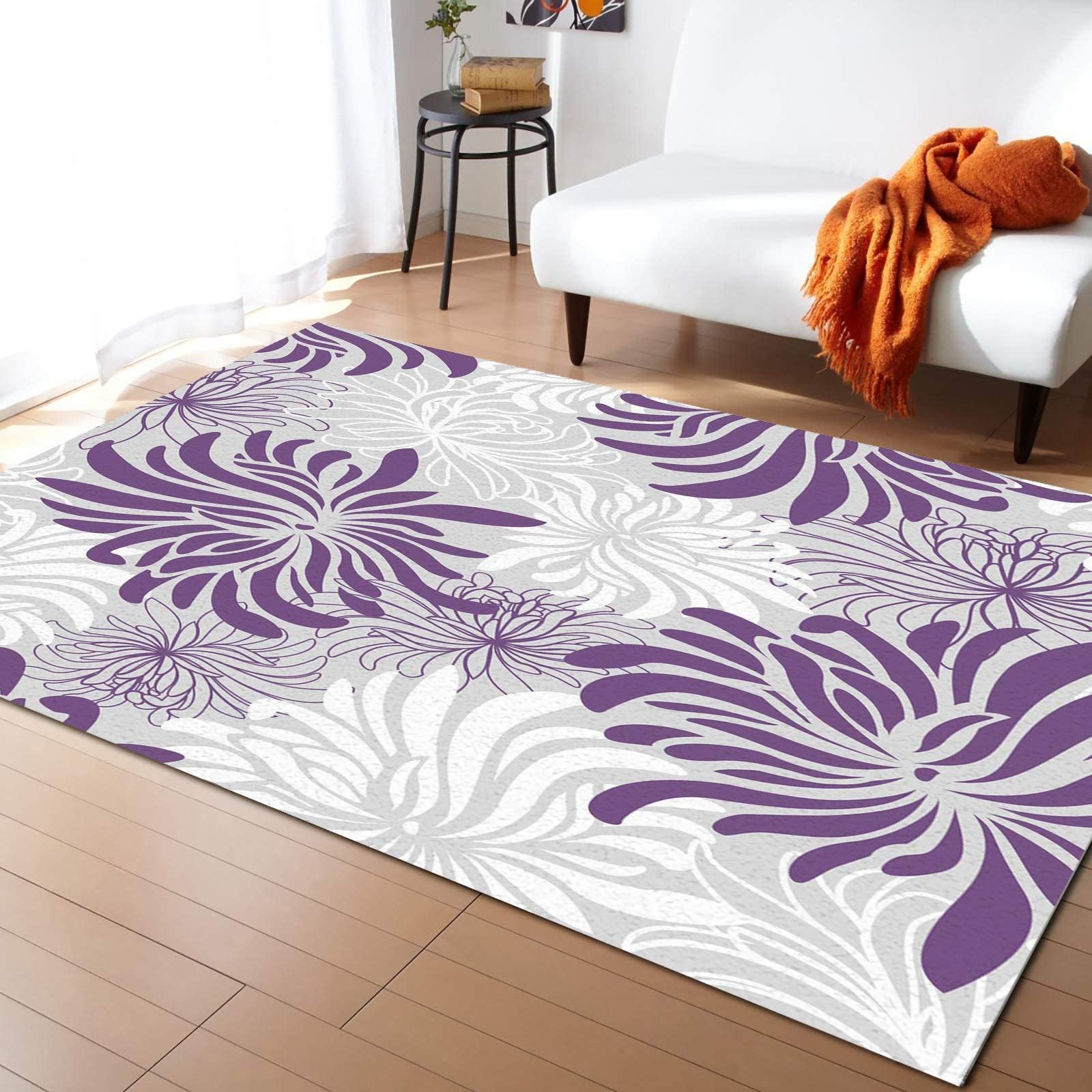 Abstract Purple Floral Area Rug - Soft Washable White Grey Chrysanthemum Carpet for Nursery, Bedroom & Living Room - 5'3