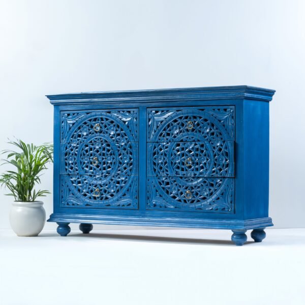 Hand Carved Wooden Chest of Drawers - Blue Vintage Dresser with Floral Carvings | Perfect for Bedroom Storage, Nursery Organization & Farmhouse Decor