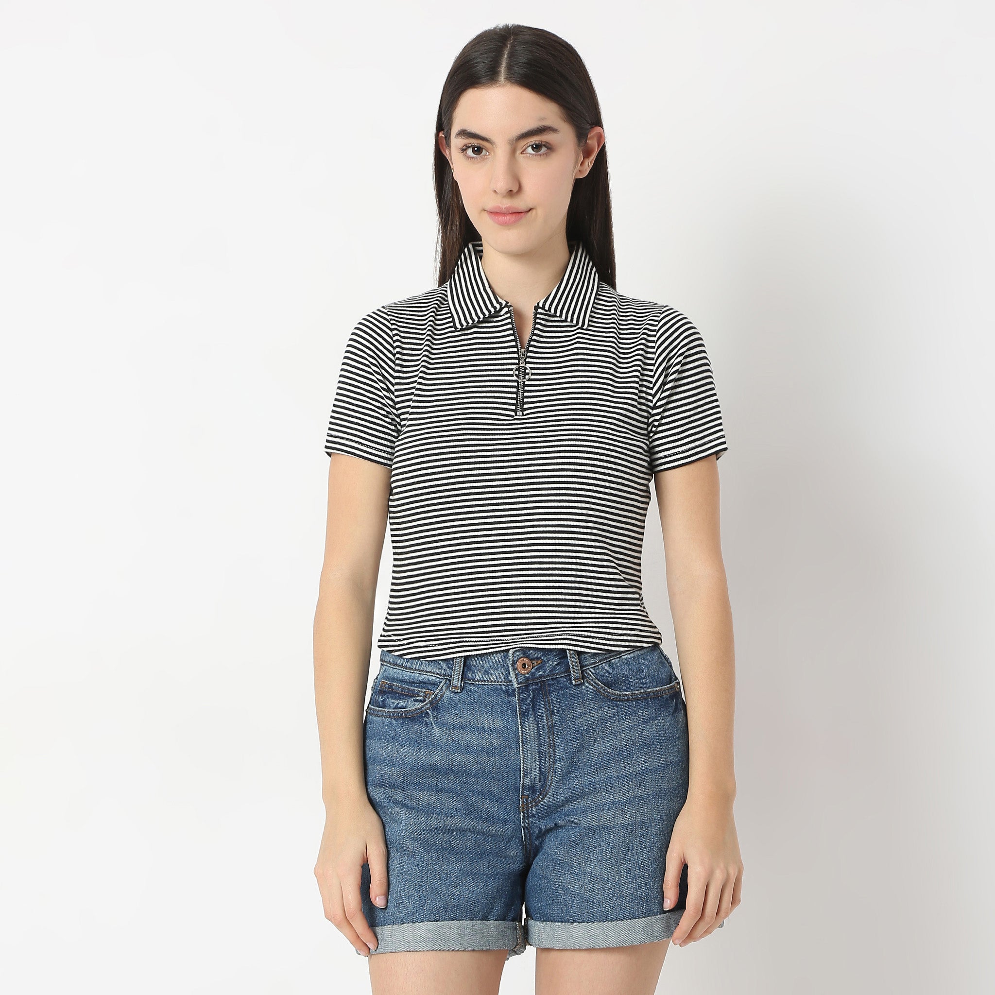 Stylish Striped Polo Neck Fitted T-Shirt with Partial Zipper - Perfect for Casual Outings & Office Wear