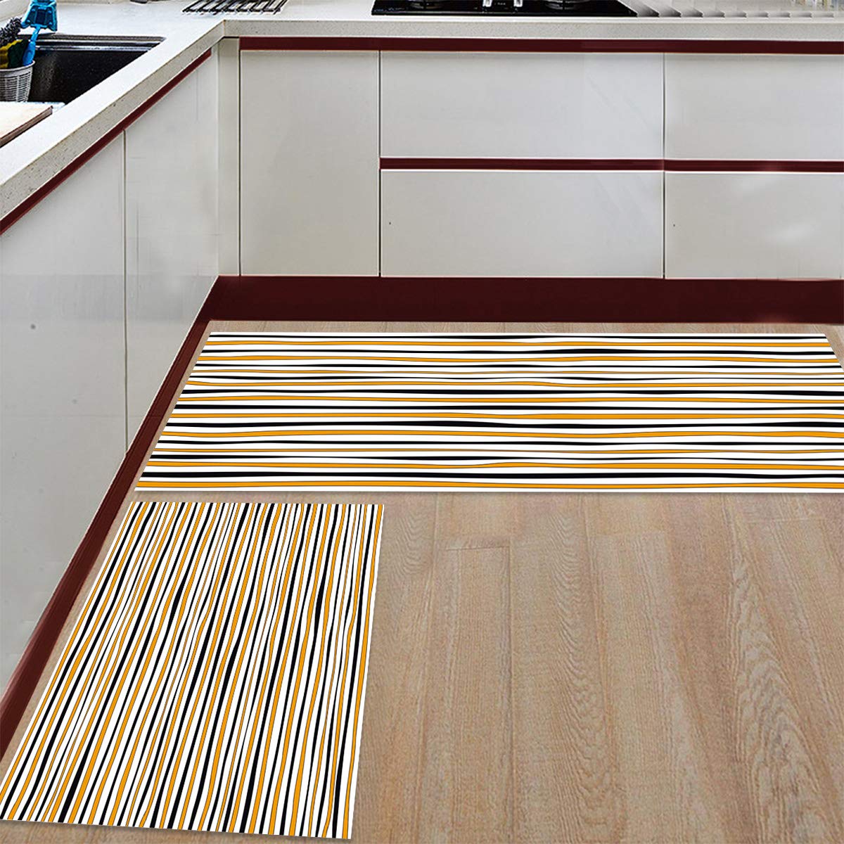 Non-Slip Halloween Orange & Black Wave Stripe Kitchen Runner Rug - Set of 2 Washable Floor Mats for Laundry, Bedside, Bathroom & Bedroom | Perfect for Fall Decor, Spooky Home Accents & High-Traffic Areas