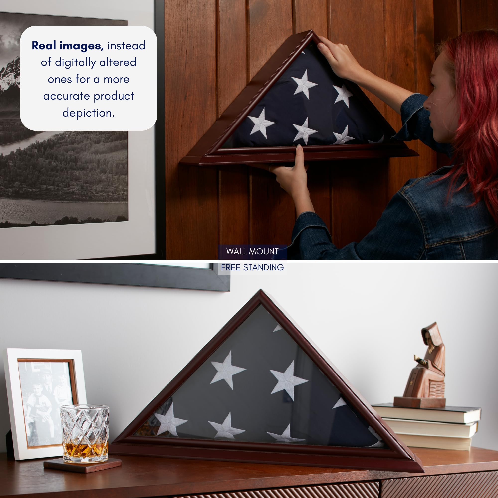 DECOMIL 5x9 American Veteran Burial Flag Display Case - Clear Glass Front, Solid Wood, Cherry Finish, Wall Mounted Shadow Box for Folded Flags - Perfect for Memorial Walls, Military Tribute Displays & Home Decor
