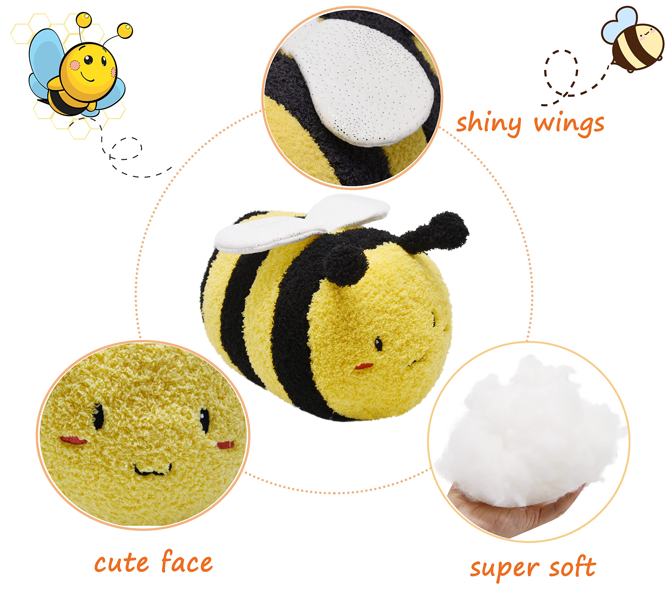 12 Inch Fuzzy Bumblebee Stuffed Animal - Super Soft Plush Toy with Smile Face & White Wings | Cute Gift for Kids, Baby Shower, Nursery Decor & Honey Lovers | Perfect for Cuddling, Birthday Presents & Themed Parties