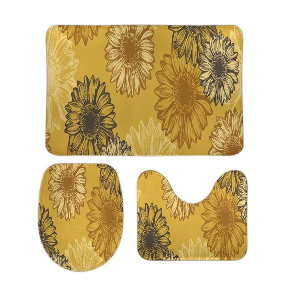 QAZPL 3-Piece Bathroom Rug Set - Sunflower Yellow Floral U-Shaped Toilet Lid Cover & Non-Slip Shower Mats - Machine Washable Bath Mats for Toilet, Bathtub & Floor - Perfect for Modern Bathrooms & Guest Suites