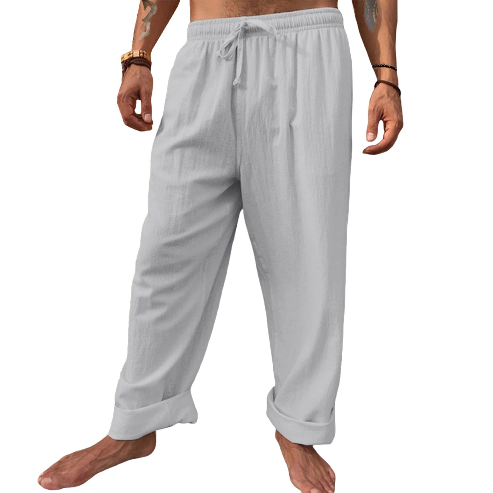 Men's Casual Linen Pants - Loose Fit Lightweight Breathable Drawstring Trousers for Summer, Beach, Yoga & Lounge Wear | Comfortable Long Pants for Relaxation & Travel