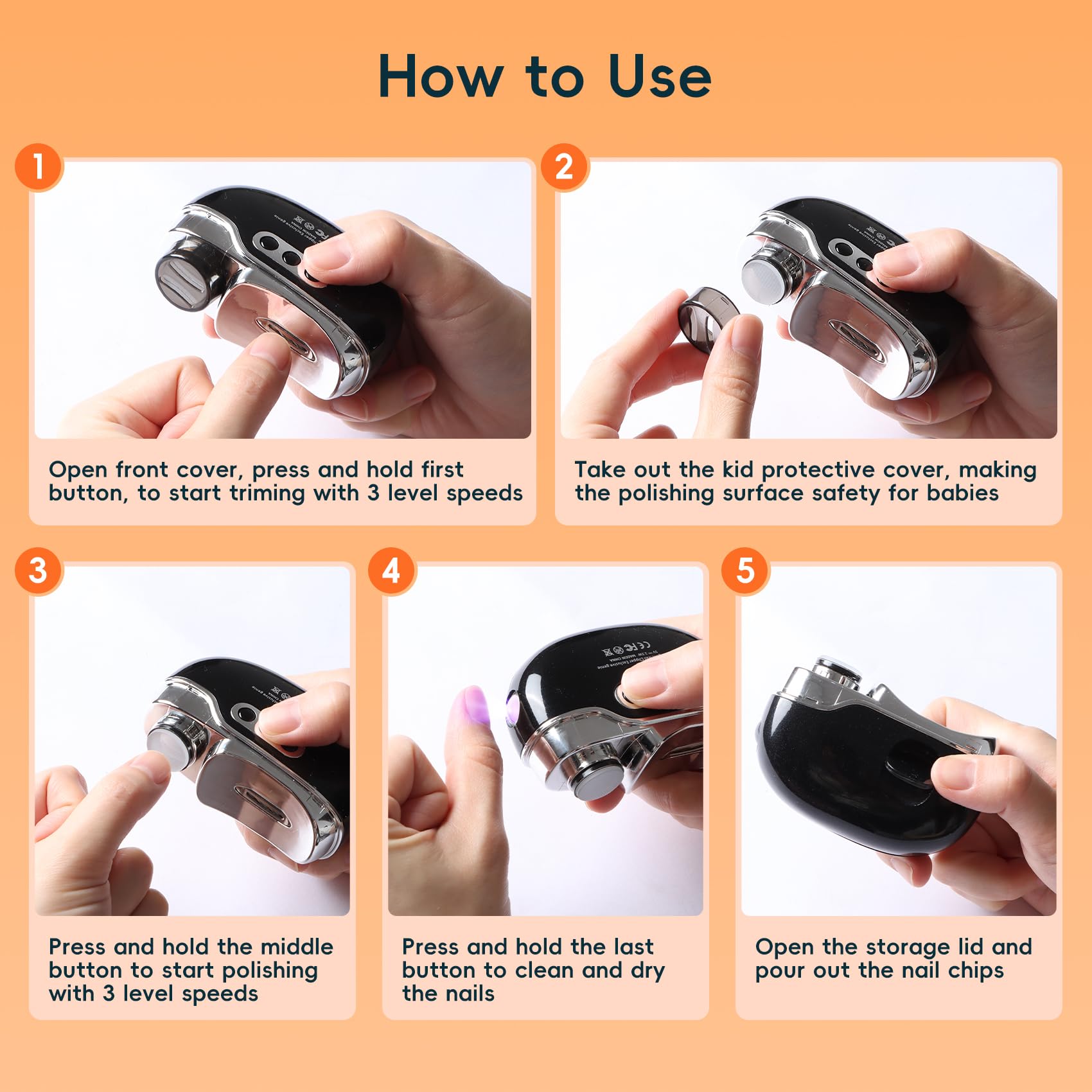 Electric Nail Clipper 3-in-1 - USB Rechargeable Automatic Nail Trimmer with LED Light, 3 Speed Settings & Storage Case - Safe Nail File for Babies, Kids & Adults - Perfect for Home, Travel & Gifts (Black)