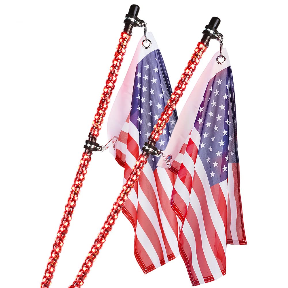 Xprite 2PC 5FT Red LED Spiral Whip Lights with American Flag - Flexible Safety Antenna Pole for Offroad Vehicles (Jeep, UTV, ATV, Polaris RZR, Yamaha, Can-am Maverick X3) - Durable Sand Dune Buggy Lighting for Night Rides & Outdoor Adventures