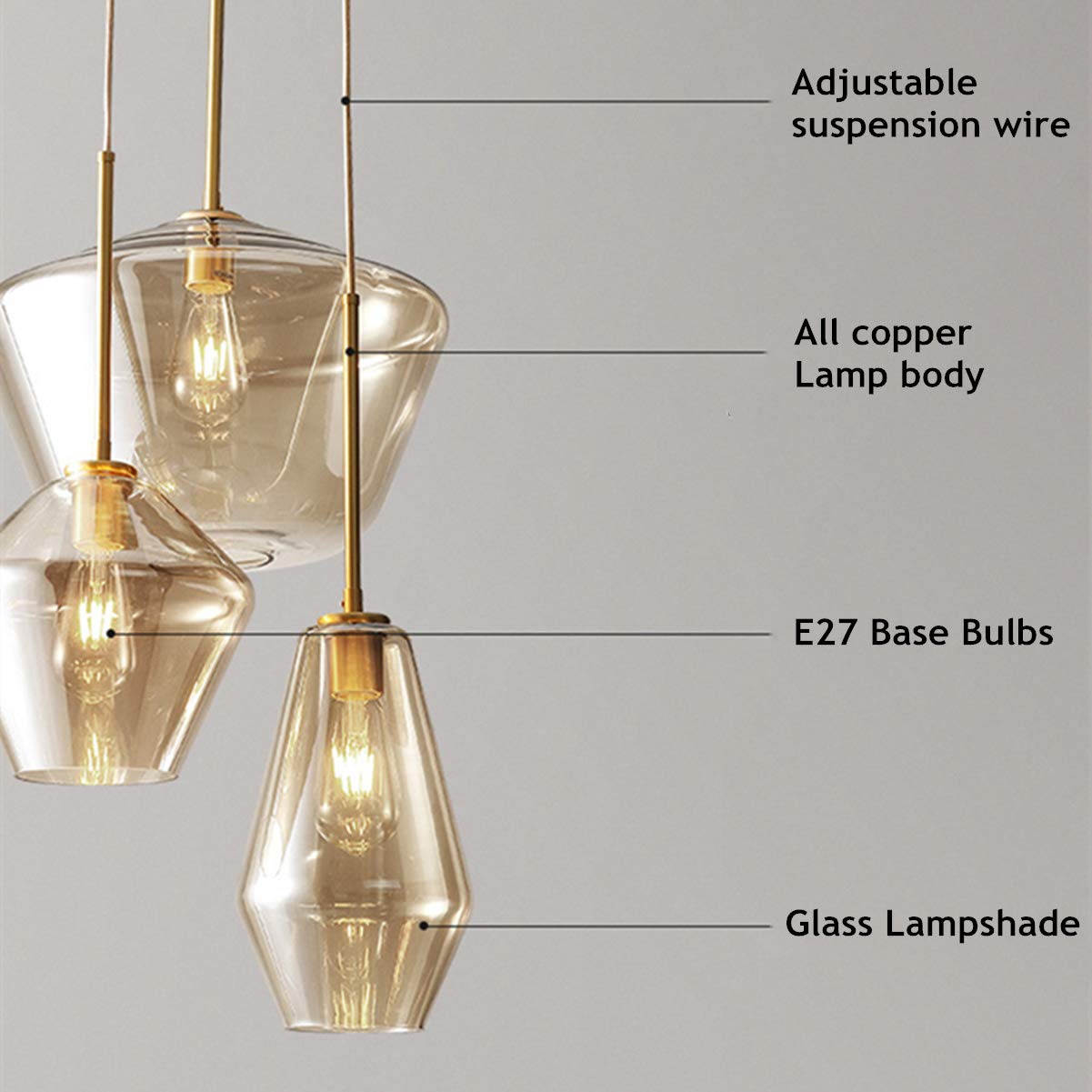 Modern Champagne Gold Glass 3-Light Pendant Chandelier - Adjustable Height Flush Mount Ceiling Light Fixture for Kitchen Island, Dining Room, Coffee Bar & Living Room | Elegant Linear Lighting for Home & Restaurant Decor