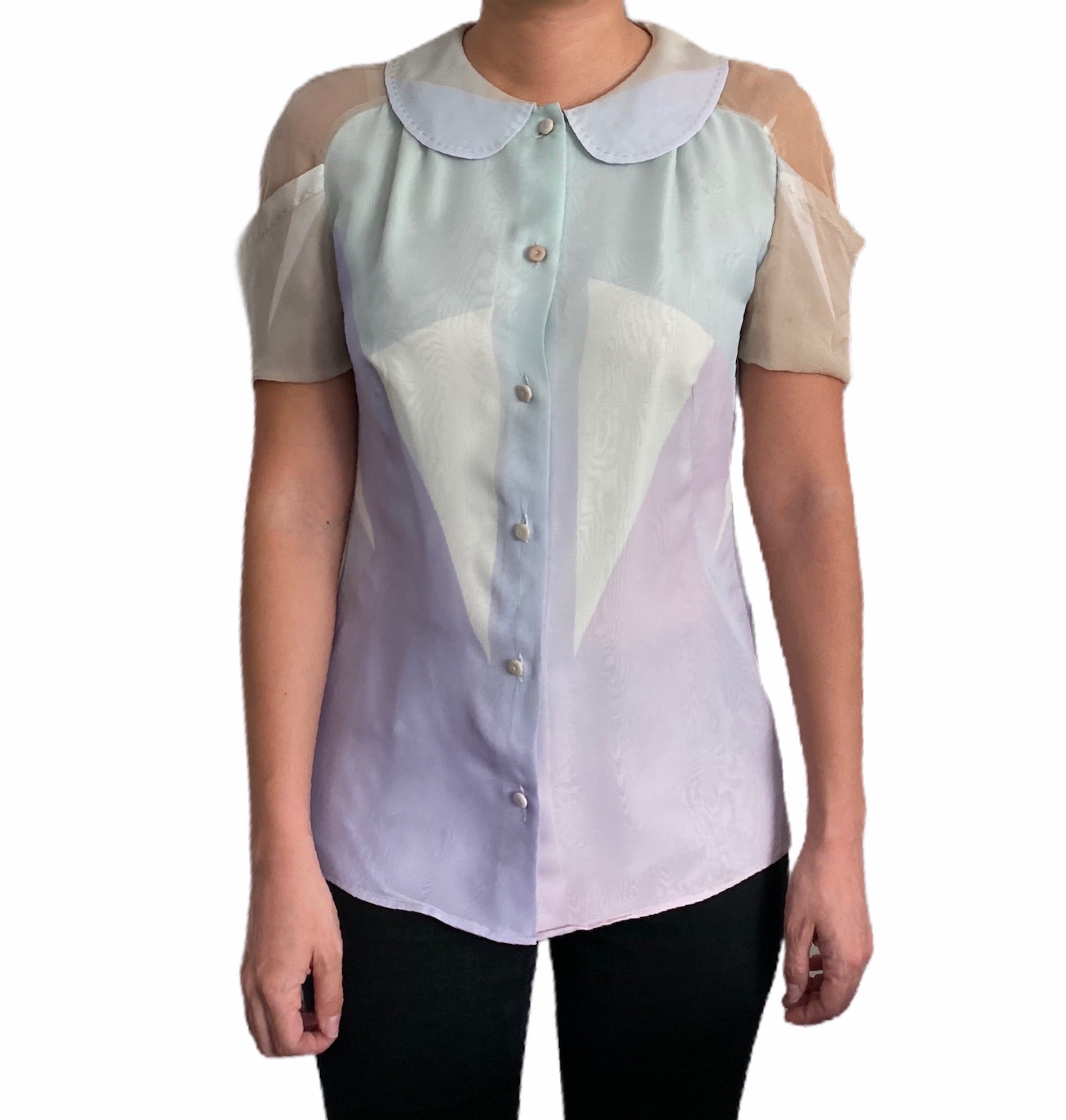 Fendi Sheer Silk Chiffon Blouse - Pastel Color Block Design | Size IT42 / US 6 Small | Elegant Women's Fashion Top for Office, Party & Special Occasions