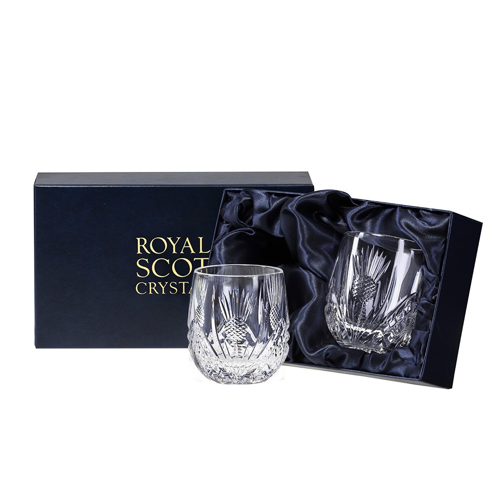 Premium Scottish Thistle Hand-Cut Glass Whisky Barrel Tumblers Set of 2 - 8oz Elegant Gift Box - Perfect for Scotch Whiskey Tasting, Home Bar Decor & Wedding Gifts