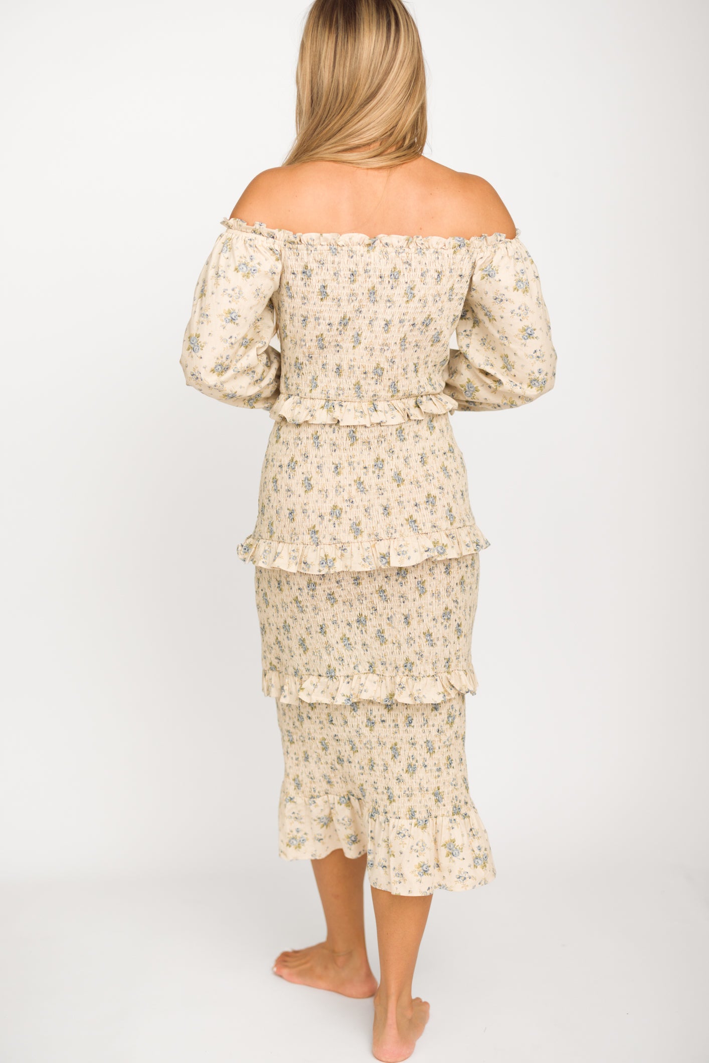 Lila Floral Printed Smocked Midi Dress in Blue - Bump Friendly Maternity Dress for Pregnancy, Nursing & Postpartum | Perfect for Baby Showers, Brunch Dates & Summer Outfits