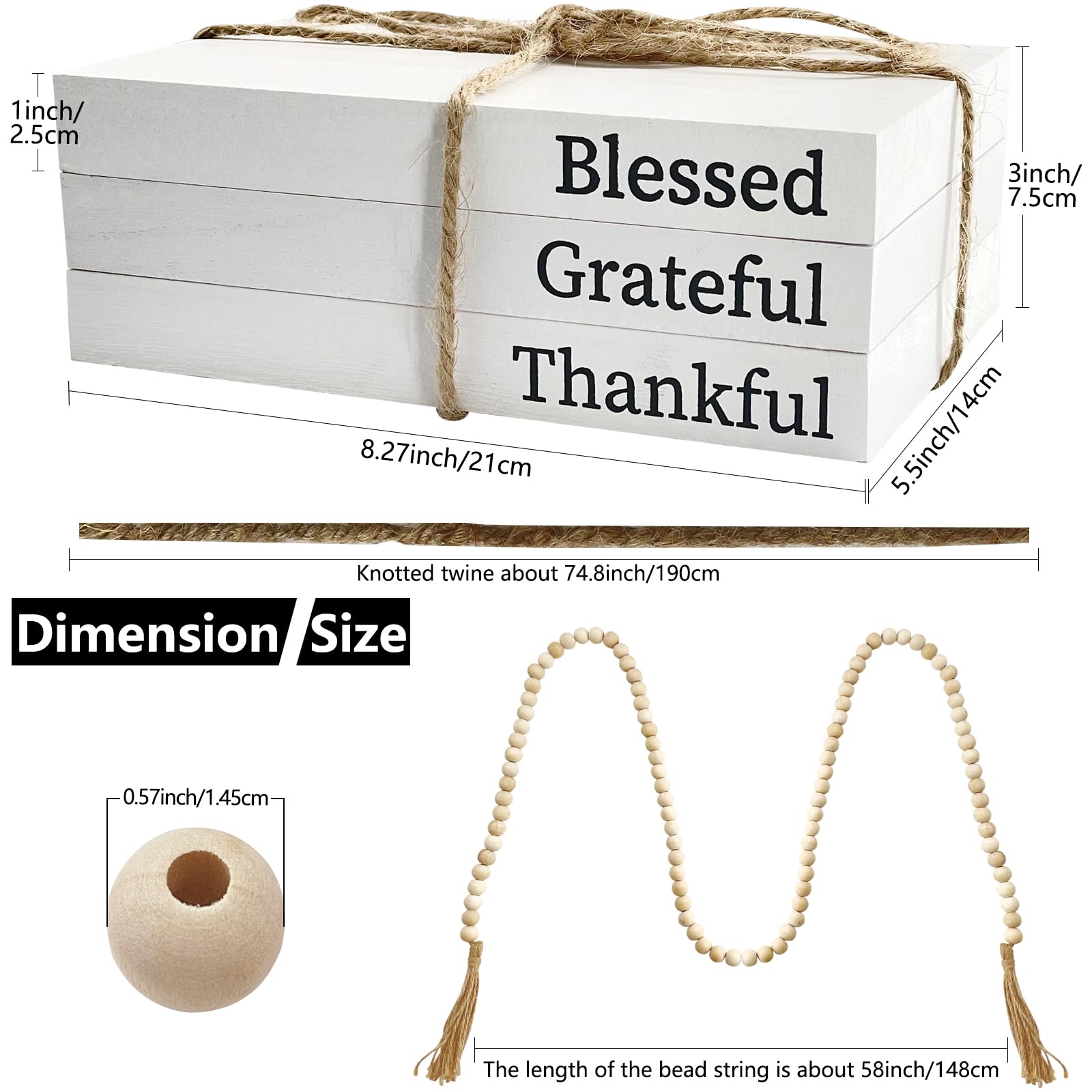 Decorative Faux Books Set for Home Decor - Rustic Farmhouse Shelf & Coffee Table Decor with Wooden Bead String Tassel (58 Inch) - Perfect for Living Room, Bedroom, and Bookshelf Styling