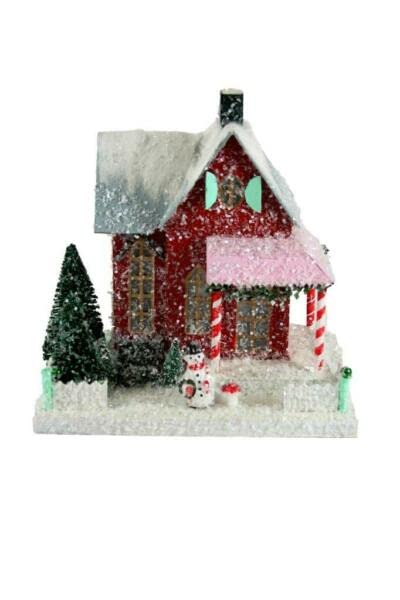 Red Christmas Village House with Snowman and Candy Cane - Holiday Home Décor for Christmas Tree Skirt, Mantel Display & Winter Village Scenes