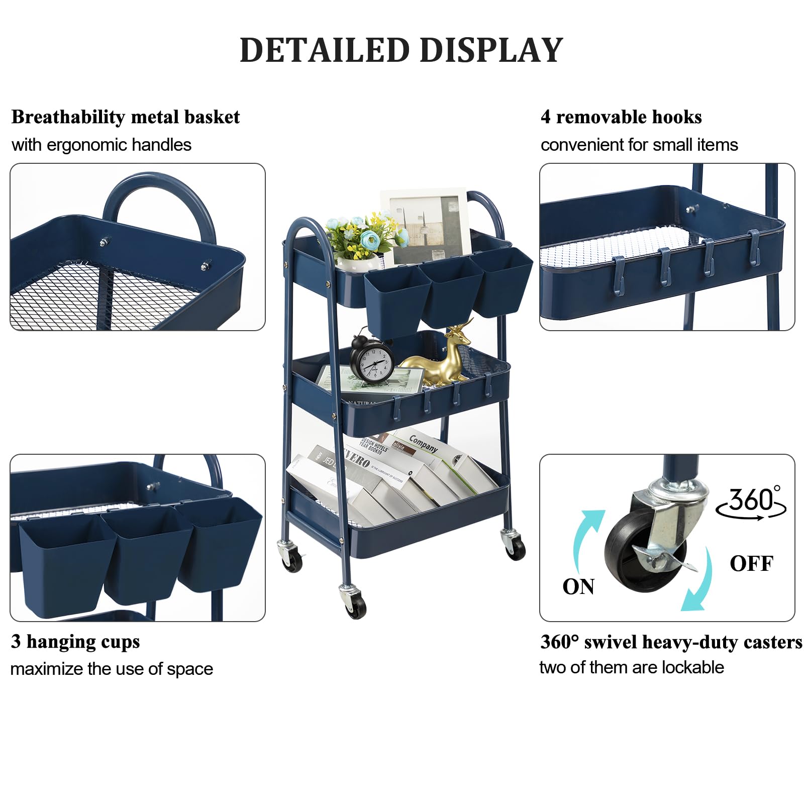 3-Tier Rolling Cart with Lockable Wheels & Hanging Accessories - Metal Storage Cart for Kitchen, Bathroom, Office & Workshop - Mobile Utility Cart for Organizing Supplies, Beauty Products & Tools - Dark Blue Trolley for Home & Commercial Use