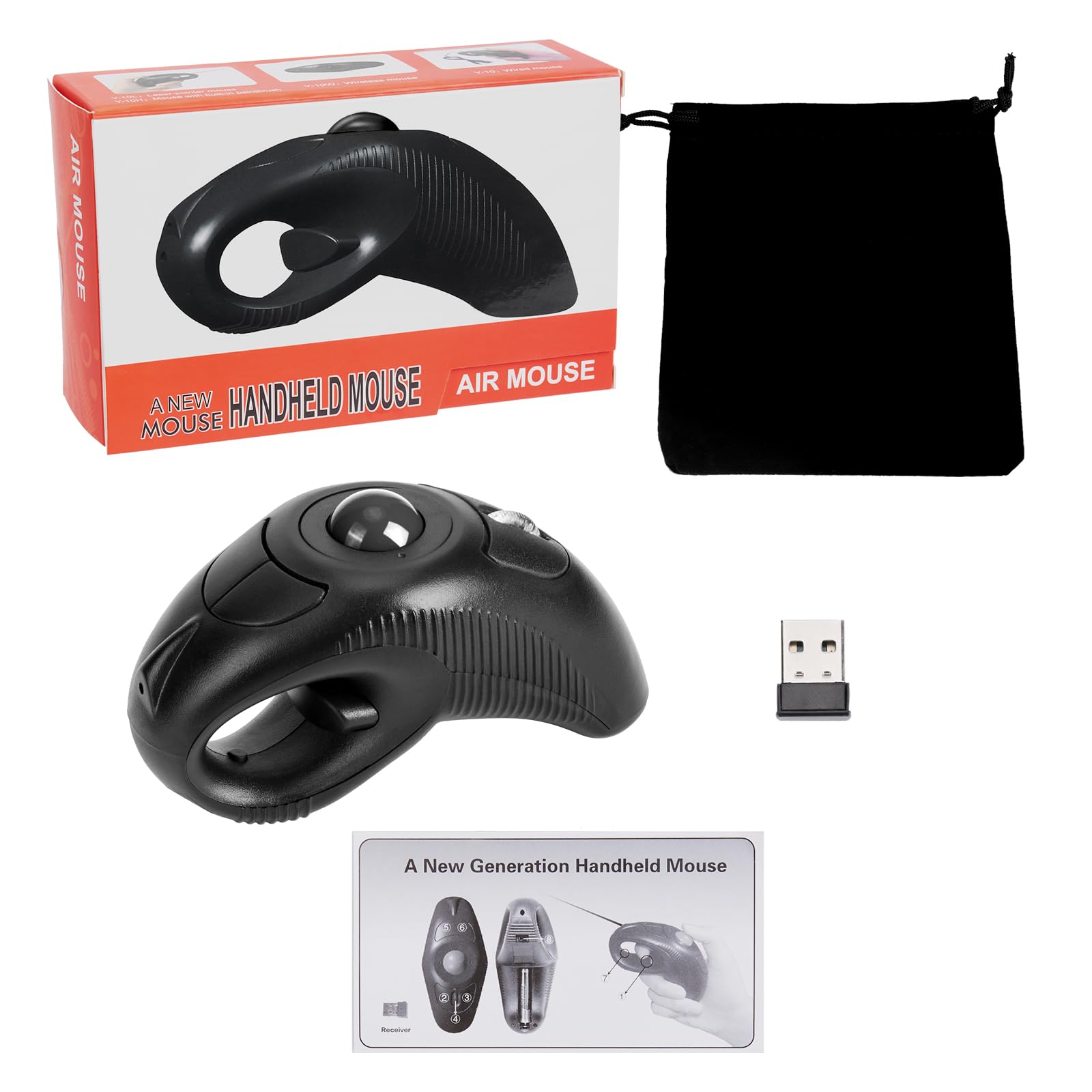 Welspo Wireless USB Handheld Finger Trackball Mouse with Laser Pointer - Ergonomic Black Computer Mouse for Presentations, CAD Design & Office Work