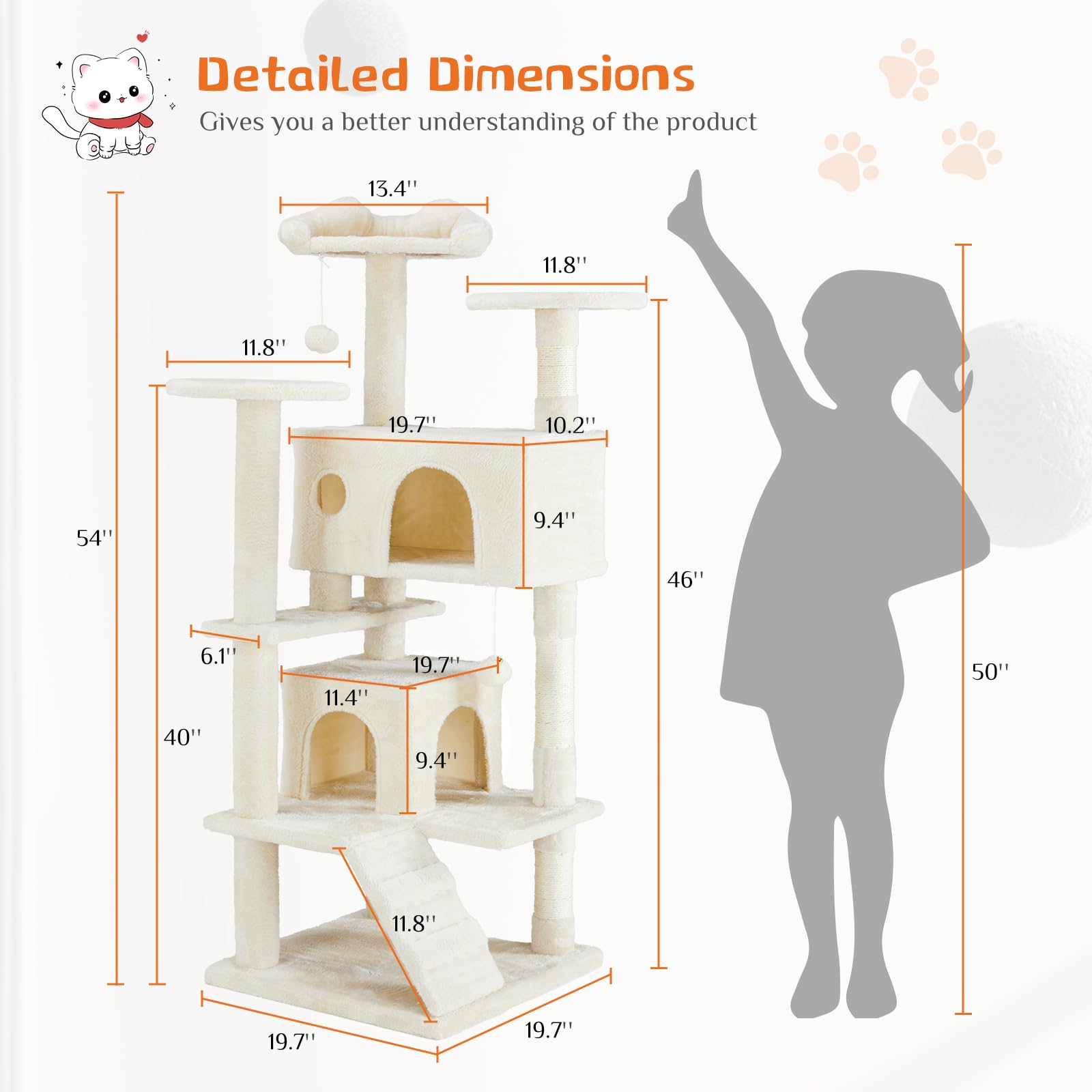 FluffyDream 54-Inch Multi-Level Cat Tree Tower for Indoor Cats - Large Cat Condo with Sisal Scratching Posts, Playhouse & Perches for Kittens & Adult Cats (Beige) | Perfect for Small Spaces, Apartments & Multi-Cat Households