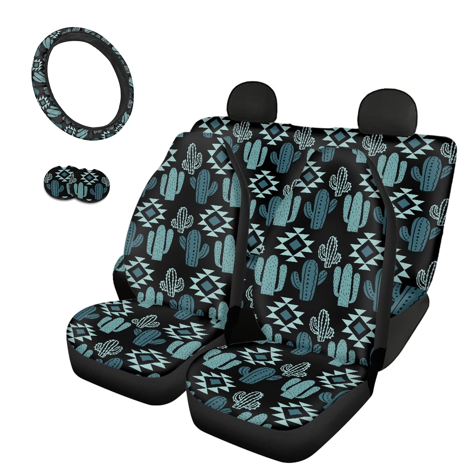 Bulopur Green Aztec Cactus Pattern 7-Piece Car Seat Cover Set - Front & Back Seat Protectors, Steering Wheel Cover, Coasters | Anti-Scratch, Dustproof Interior Decor for SUV, Truck, Sedan | Perfect for Road Trips & Daily Commute