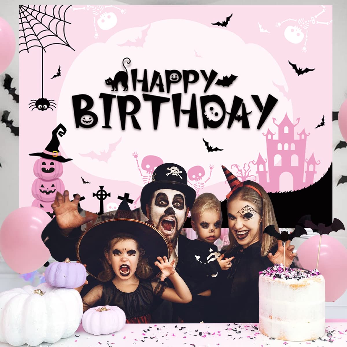 Halloween Birthday Backdrop Pink 6.8x4.3ft - Gothic Castle Pumpkin Photography Background with Bats, Spiders & Black Cat - Perfect for Halloween Photo Booth, Birthday Party Decorations & Spooky Themed Events