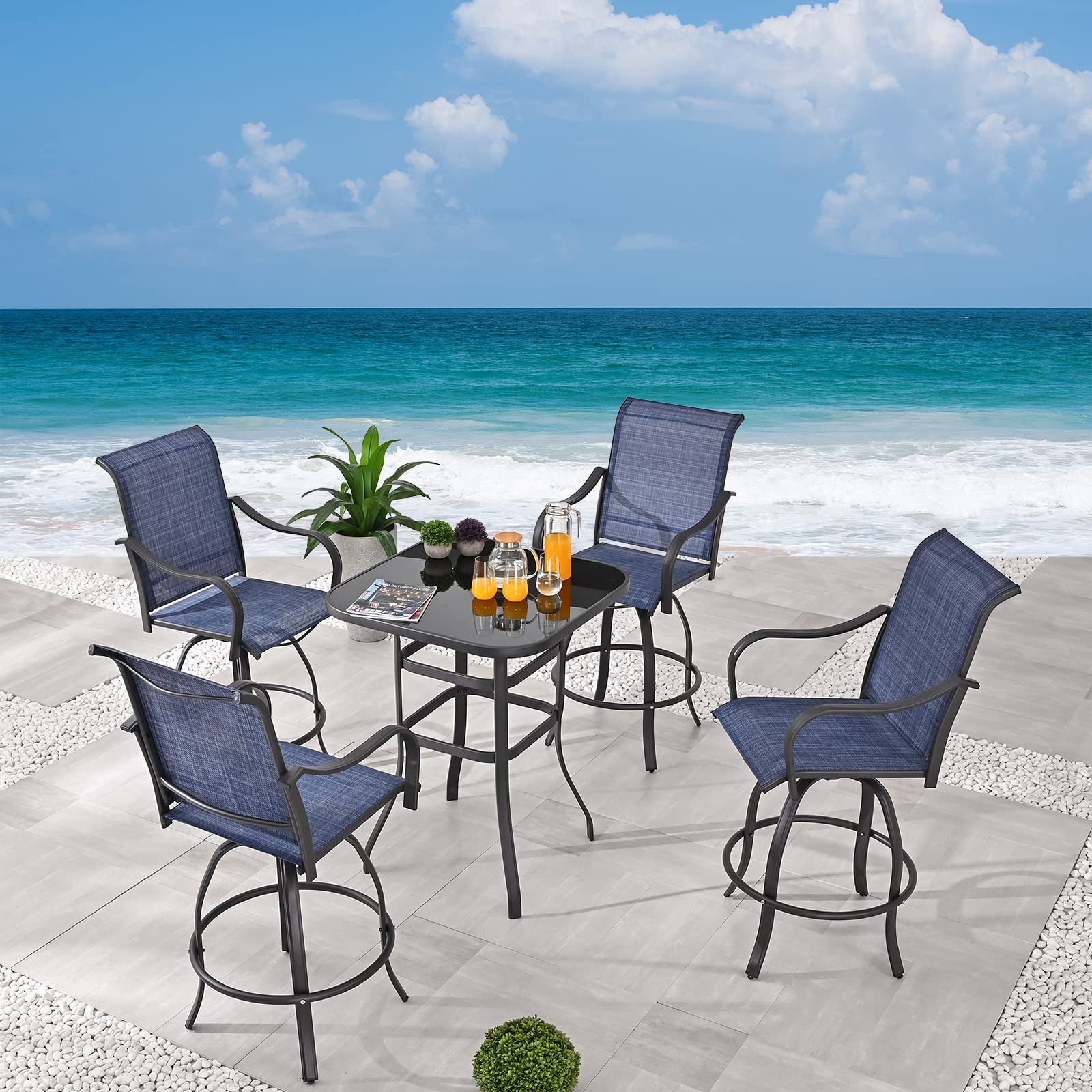 5-Piece Outdoor Patio Bistro Set with 360° Swivel Chairs & Tempered Glass Bar Table - Blue Dining Furniture for Backyard, Garden, and Poolside Relaxation