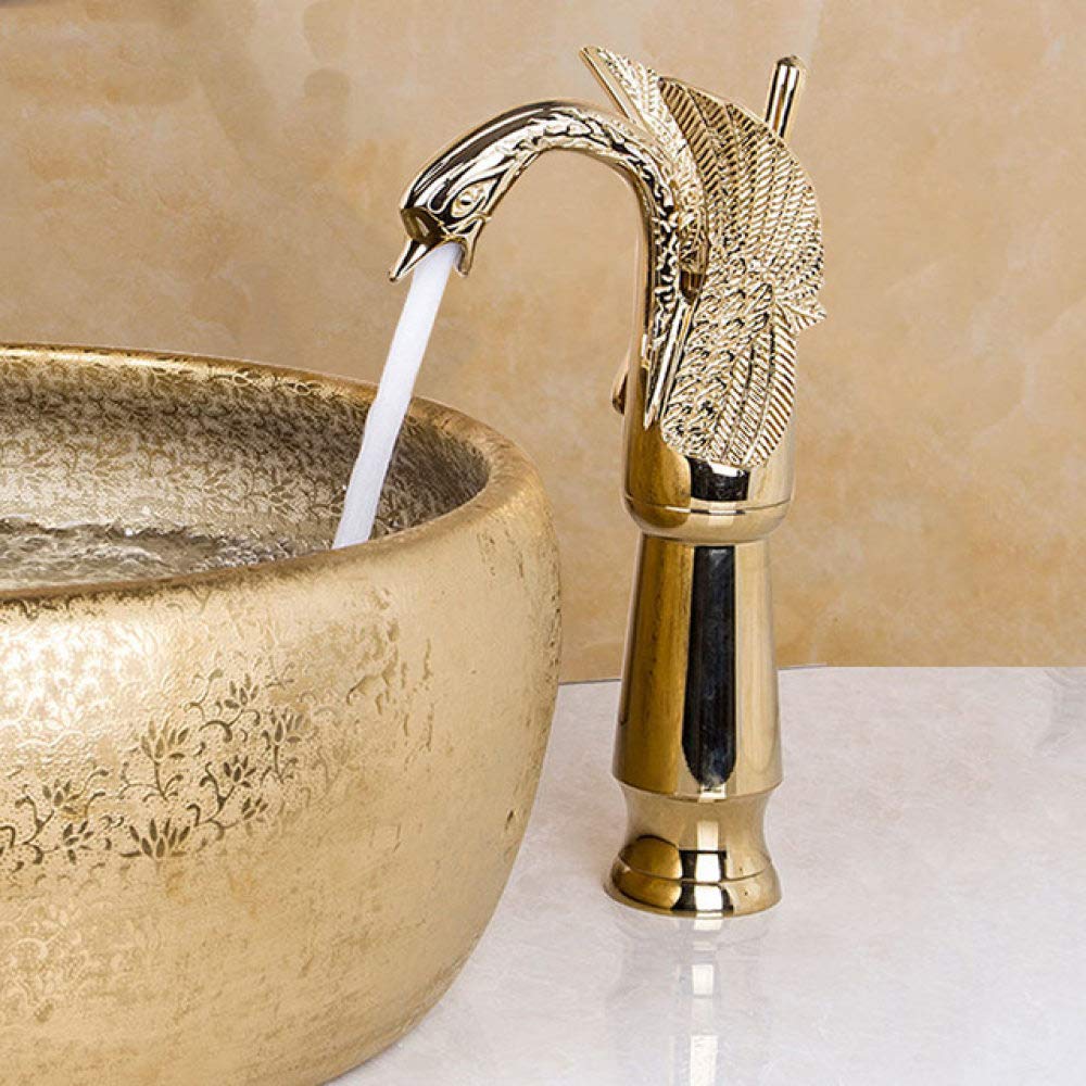 Antique Brass & Gold Chrome Swan Spout Bathroom Sink Faucet - Deck Mounted Tall Vessel Tap Mixer for Wash Basin - Vintage Style Bathroom Upgrade (Golden T Handle) - Perfect for Modern & Classic Bathroom Decor