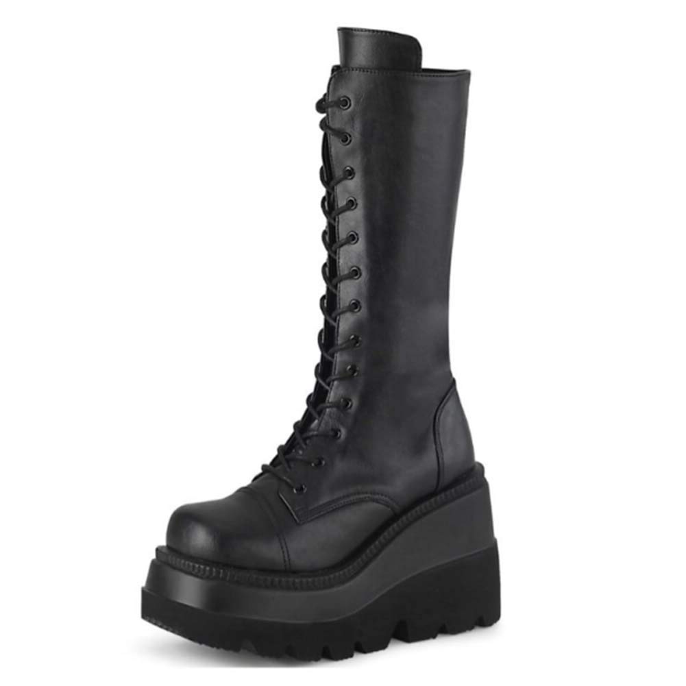 VOMIRA Women's Platform Wedge Boots - Mid Calf Round Toe Black Chunky Heel Boots for Fall Winter Fashion & Casual Outfits