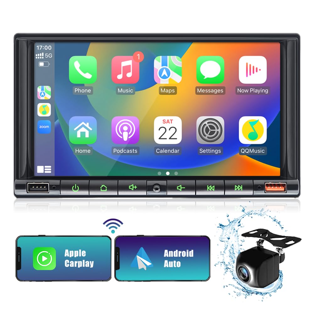 7 Inch Double Din Car Stereo with Wireless CarPlay & Android Auto - HD Touch Screen Bluetooth 5.2, AM/FM, Mirror Link, Backup Camera, Steering Wheel Control, AUX, MIC, DSP - Perfect for Hands-Free Driving & Entertainment in Your Vehicle