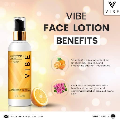 VIBESS Brightening Face Lotion with SPF 20 | Vitamin C & Geranium Moisturizer for Dry Skin | 100ml Hydrating Cream for Women & Men | Natural UV Protection & Skin Nourishment | Perfect for Daily Skincare & Sun Defense