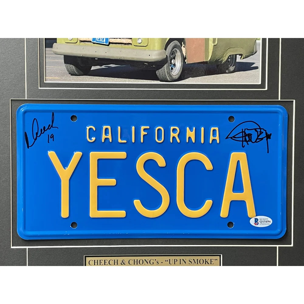 Cheech & Chong Signed 'Up in Smoke' Movie Car License Plate Framed Collage - Authentic Memorabilia for BAS Auto & Cannabis Enthusiasts - Perfect for Man Cave, Home Theater Decor & Collector Displays