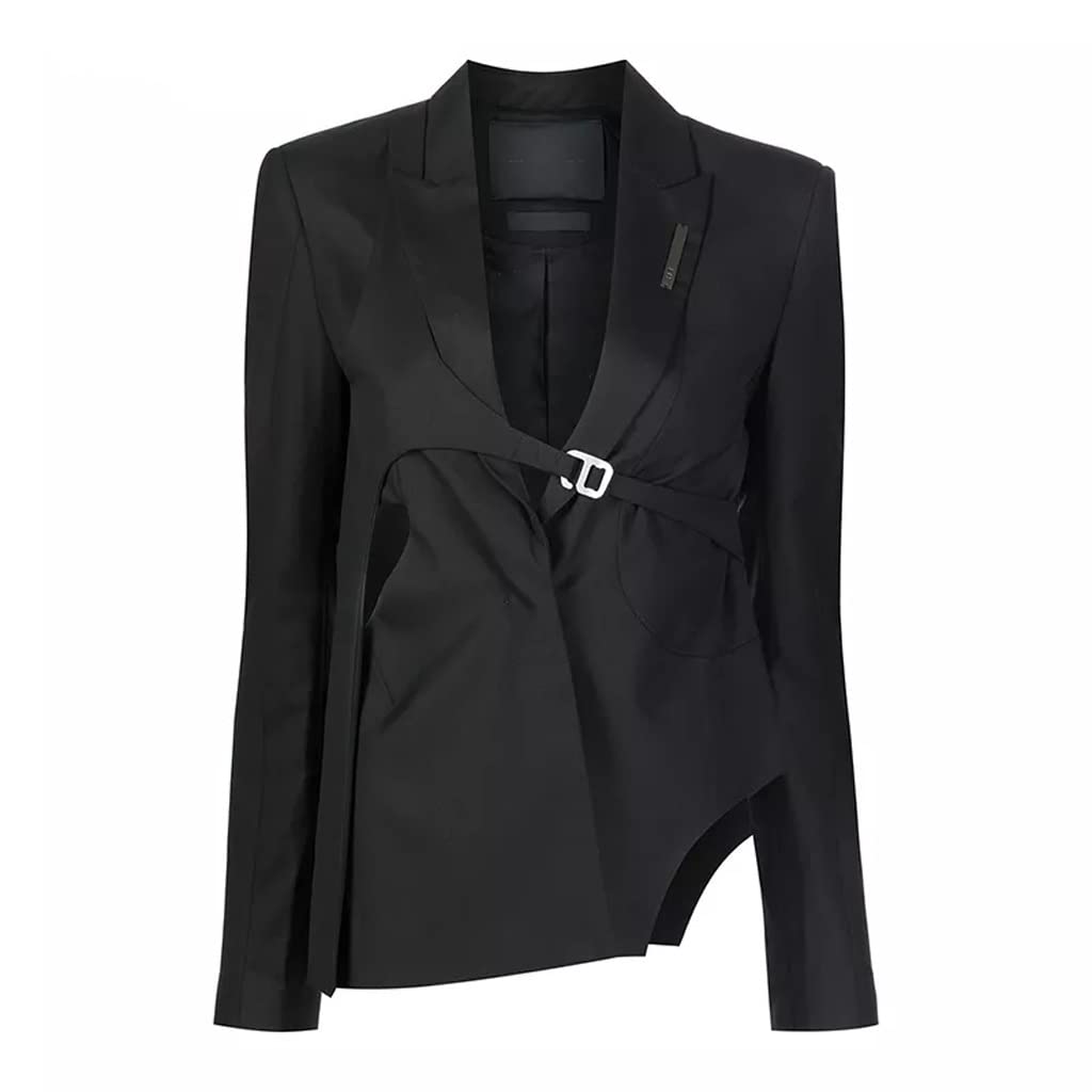 Stylish Black Asymmetrical Women's Blazer - Korean Fashion Slim Fit Notch Lapel Long Sleeve Jacket for Office, Dating & Spring Outfits (Black, Size M)
