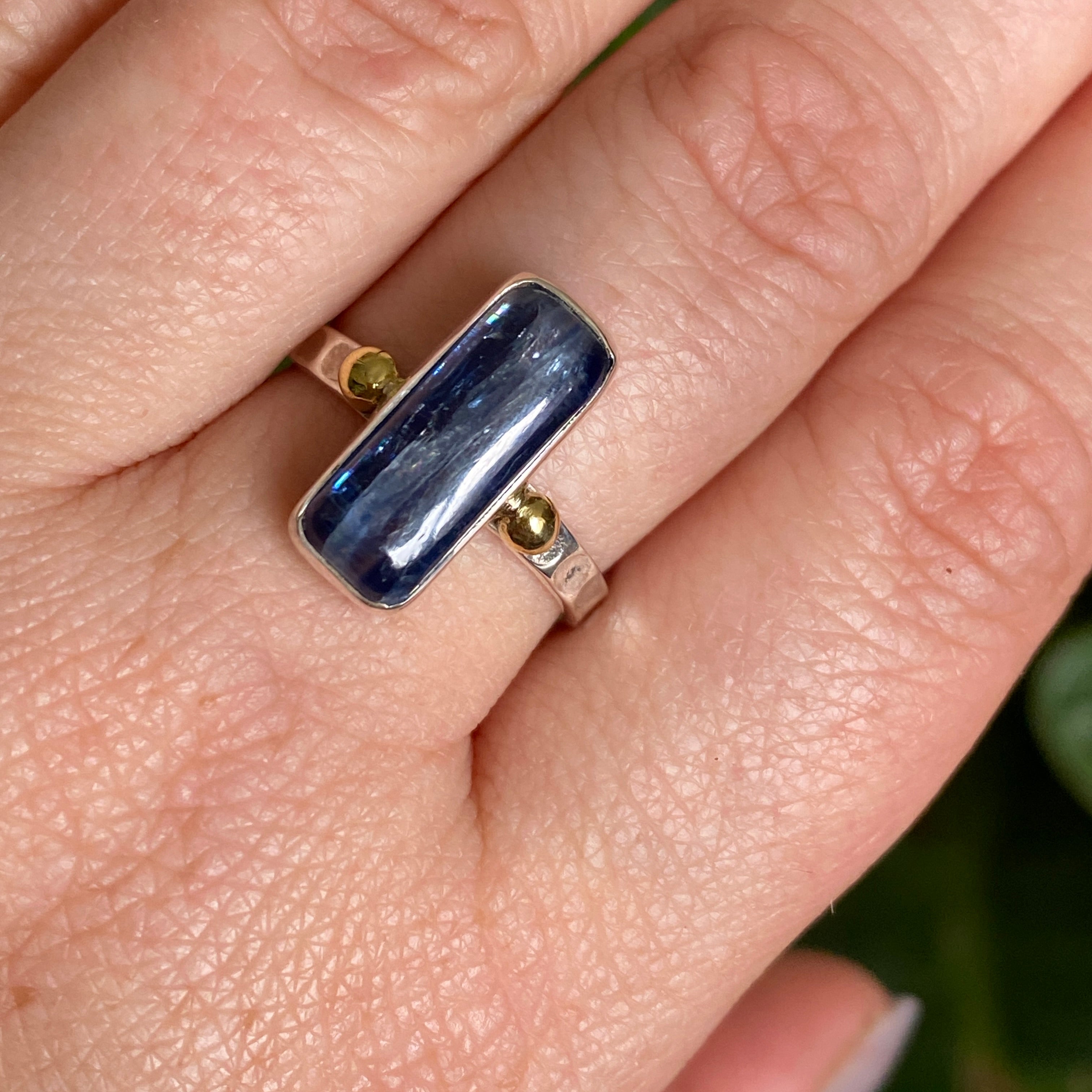 Blue Kyanite Rectangular Cabochon Ring with Brass Accents - Size 8 - Handmade Boho Jewelry for Women - Perfect for Meditation, Spiritual Healing & Everyday Wear KRGJ3279