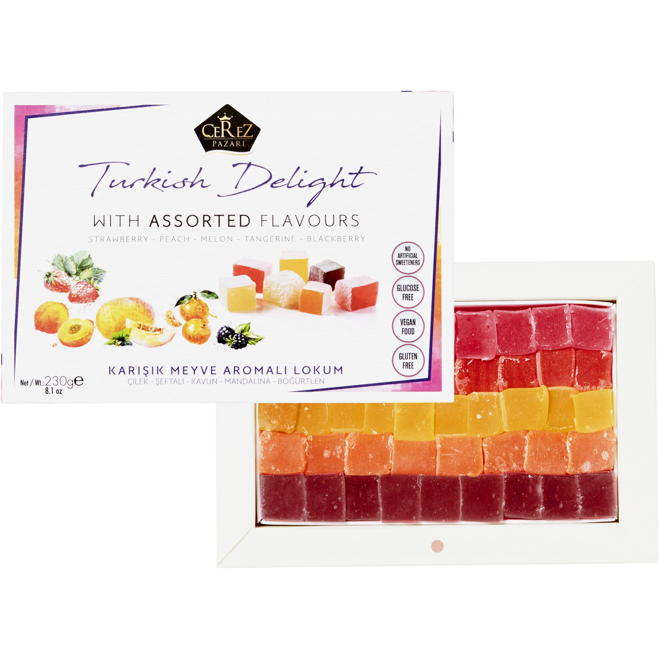 Premium Turkish Delights Candy Gift Box - Assorted Vegan Fruit Flavors, No Nuts, Traditional Lokum Sweet Treat (8.1 oz) | Perfect for Gifting, Parties & Dessert Platters