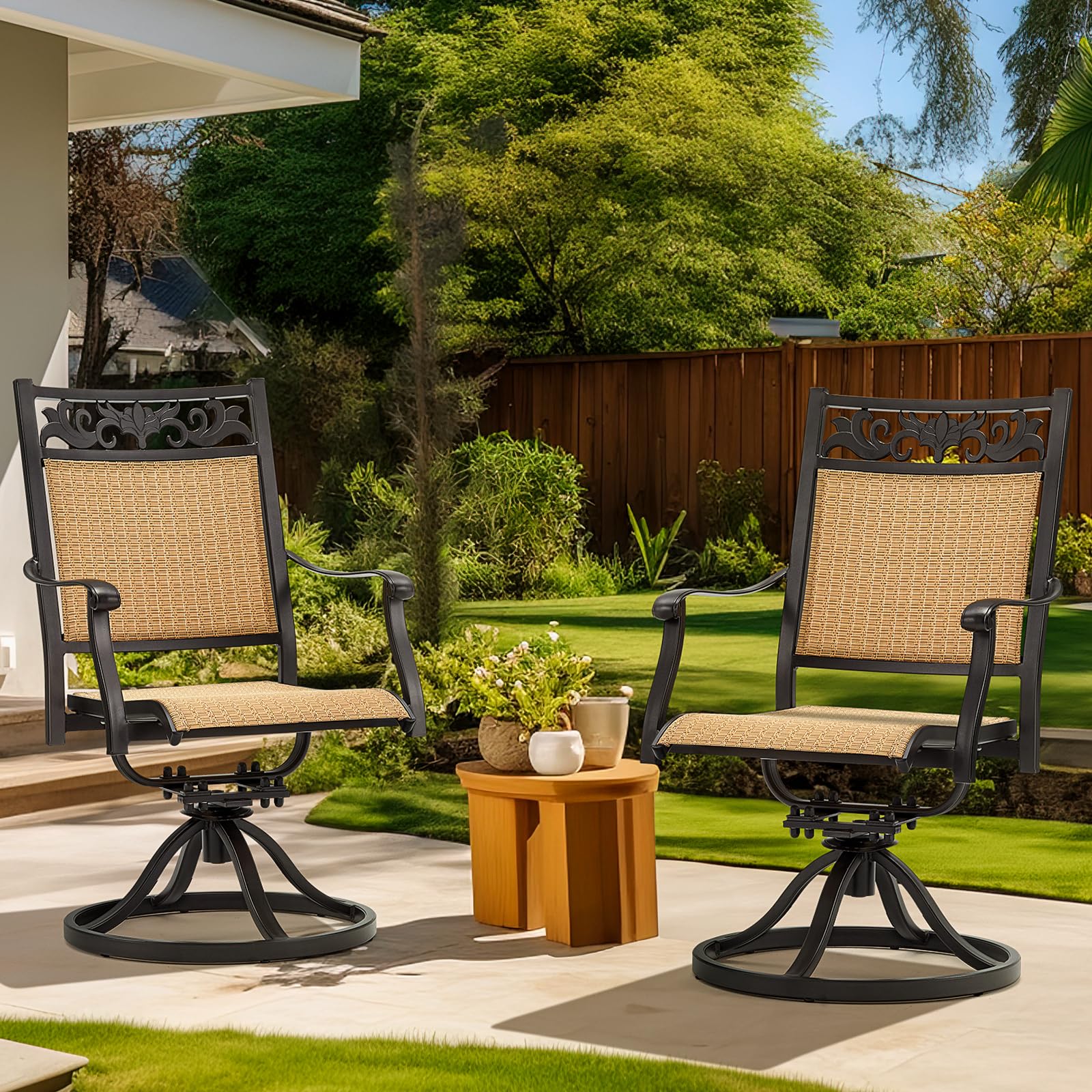 EROMMY 2-Piece Patio Swivel Chair Set - All-Weather Cast Aluminum Outdoor Sling Dining Chairs with 360° Swivel Base - Comfortable Rocking Chairs for Backyard, Garden, Deck, Porch & Balcony - Perfect for Outdoor Dining, Relaxing & Entertaining (Brown)