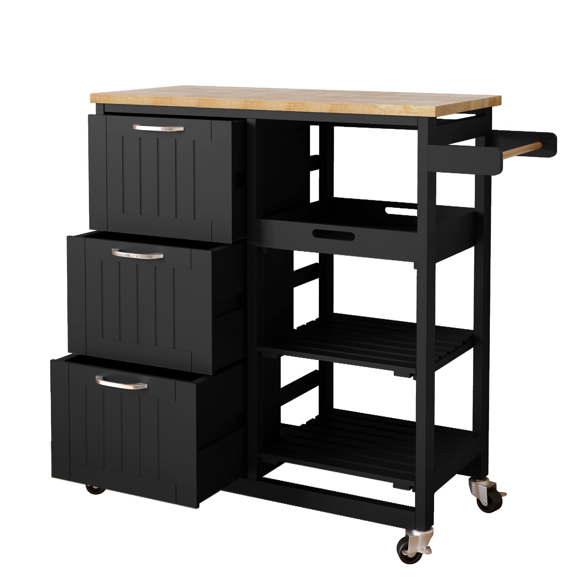 Usinso 3-Tier Rolling Kitchen Cart with Storage - Small Kitchen Island on Wheels, 3 Drawers & Solid Wood Top, Handle Racks - Perfect for Small Spaces, Serving Bar Cart, Pantry Organization & Mobile Kitchen Workstation (Black)