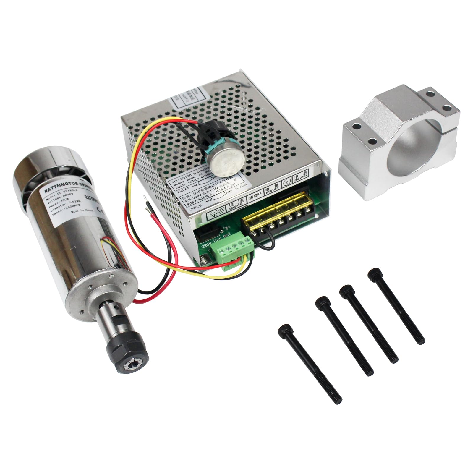 400W ER16 Air Cooled CNC Spindle Motor Kit - 52mm 12-48V DC 12000RPM with AC110V/220V Power Converter & Mach3 Control - Perfect for CNC Router Engraving, Wood Carving, and Metal Milling