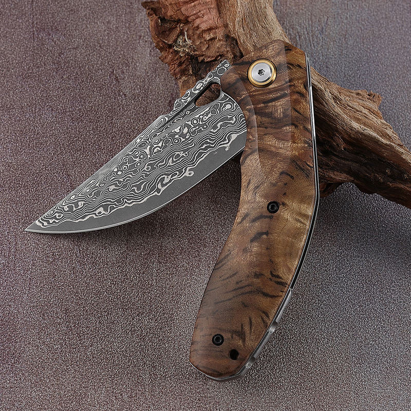 Premium Damascus Steel Tomahawk Pocket Knife with Clip - Exotic Olive Wood Handle - EDC, Camping, Hunting & Outdoor Survival Tool