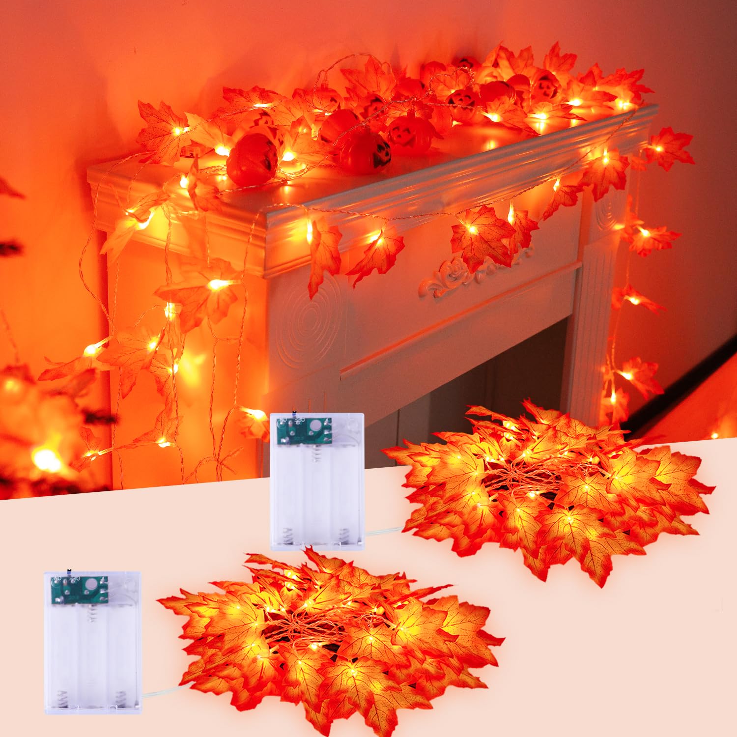 JMEXSUSS 2 Pack 22FT 40 LED Battery Operated Thanksgiving String Lights with Autumn Leaves - Indoor Fall Decor for Windows, Fireplace Mantle, Bedroom, Kitchen & Door Garland | Perfect for Thanksgiving, Halloween & Autumn Home Decorations