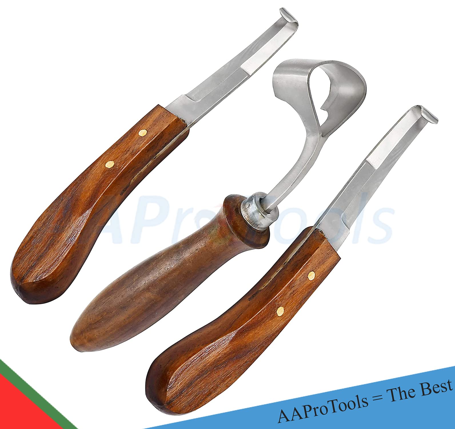 **Professional 3-Piece Hoof Knife Set - Wide Blade Double Edge & Swiss Hoof Knife with Wooden Handle - Perfect for Farriers, Horse Grooming, and Hoof Care**