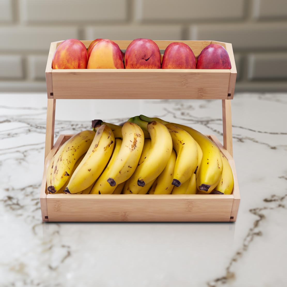 PALM NAKI 2-Tier Bamboo Fruit Basket - Natural Bamboo Storage Stand for Kitchen Counter, Sturdy & Space-Saving Design with Enhanced Air Circulation, Easy Assembly for Fruits, Vegetables & Home Decor | Perfect for Modern Kitchens, Dining Rooms & Pantry Organization