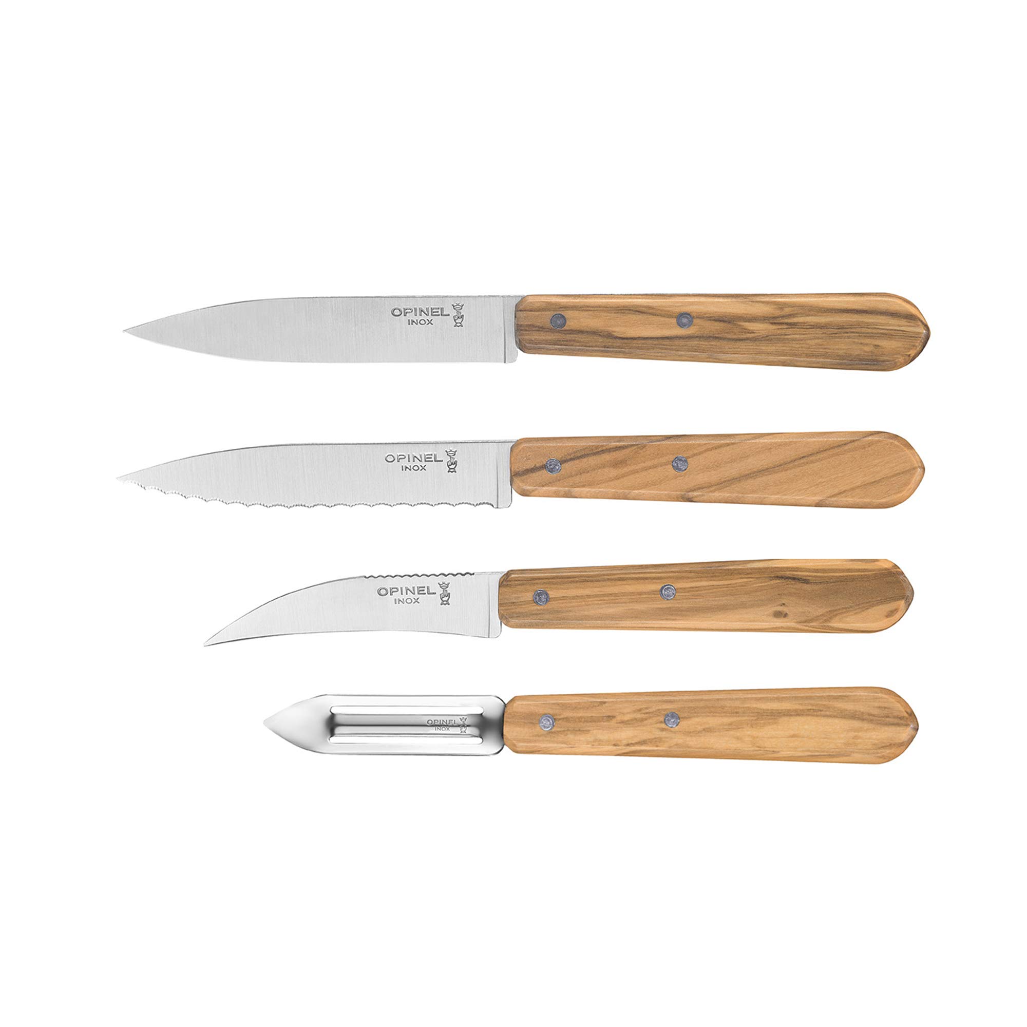 OPINEL Essentials Kitchen Knife Set - 3-Piece Olive Wood Handle Chef Knives for Cooking, Slicing & Chopping | Perfect for Home Kitchen, Camping & Outdoor Cooking