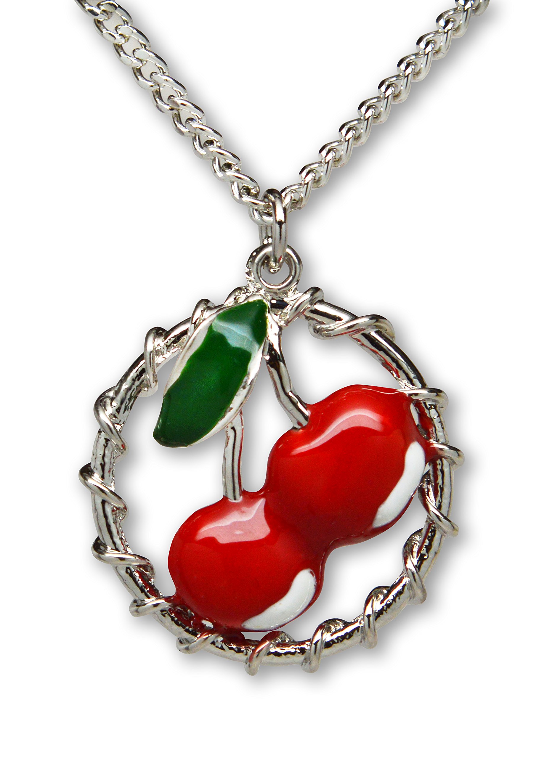 Vintage Pewter Pendant Necklace with Red Cherry & Green Leaf Vine Design - Perfect for Retro Fashion, Boho Jewelry & Gift Giving