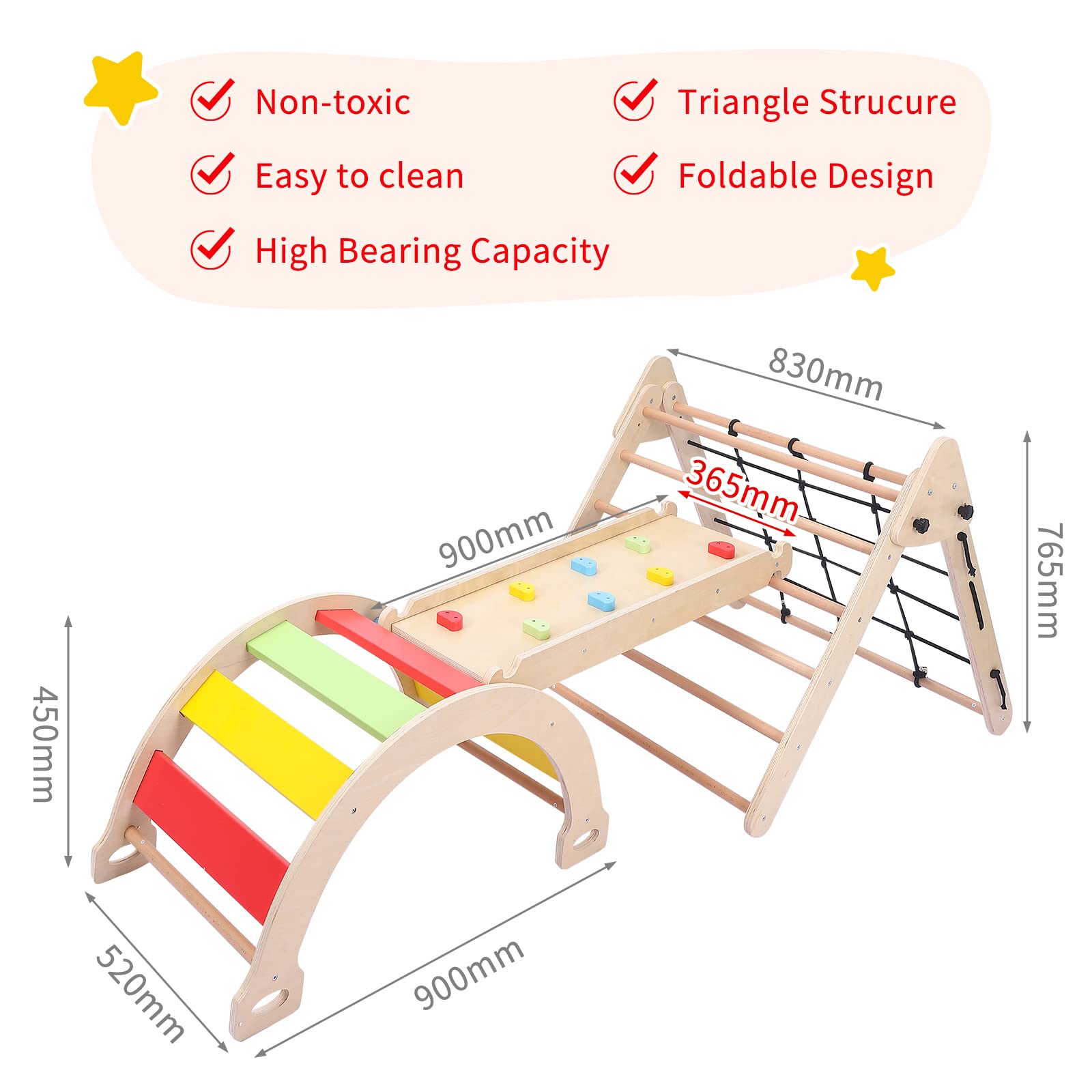 3-Piece Wooden Toddler Climbing Toy Set - Foldable Triangle Gym for Indoor Play, Kids Jungle Climber with Slide - Perfect for Home Playrooms, Daycares & Montessori Learning Activities