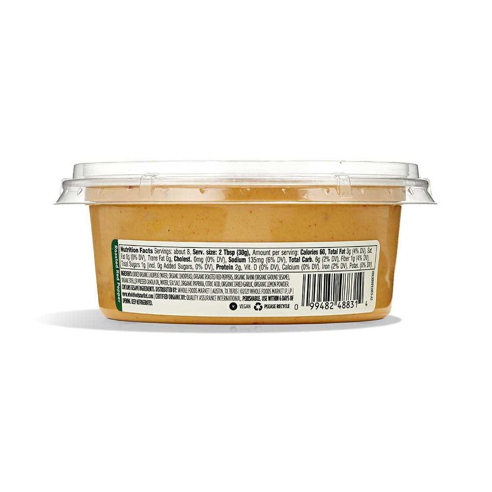 Organic Roasted Red Pepper Hummus by 365 by Whole Foods Market - 8 oz | Vegan, Gluten-Free Dip for Pita, Chips & Veggies | Perfect for Parties, Snacks & Healthy Eating