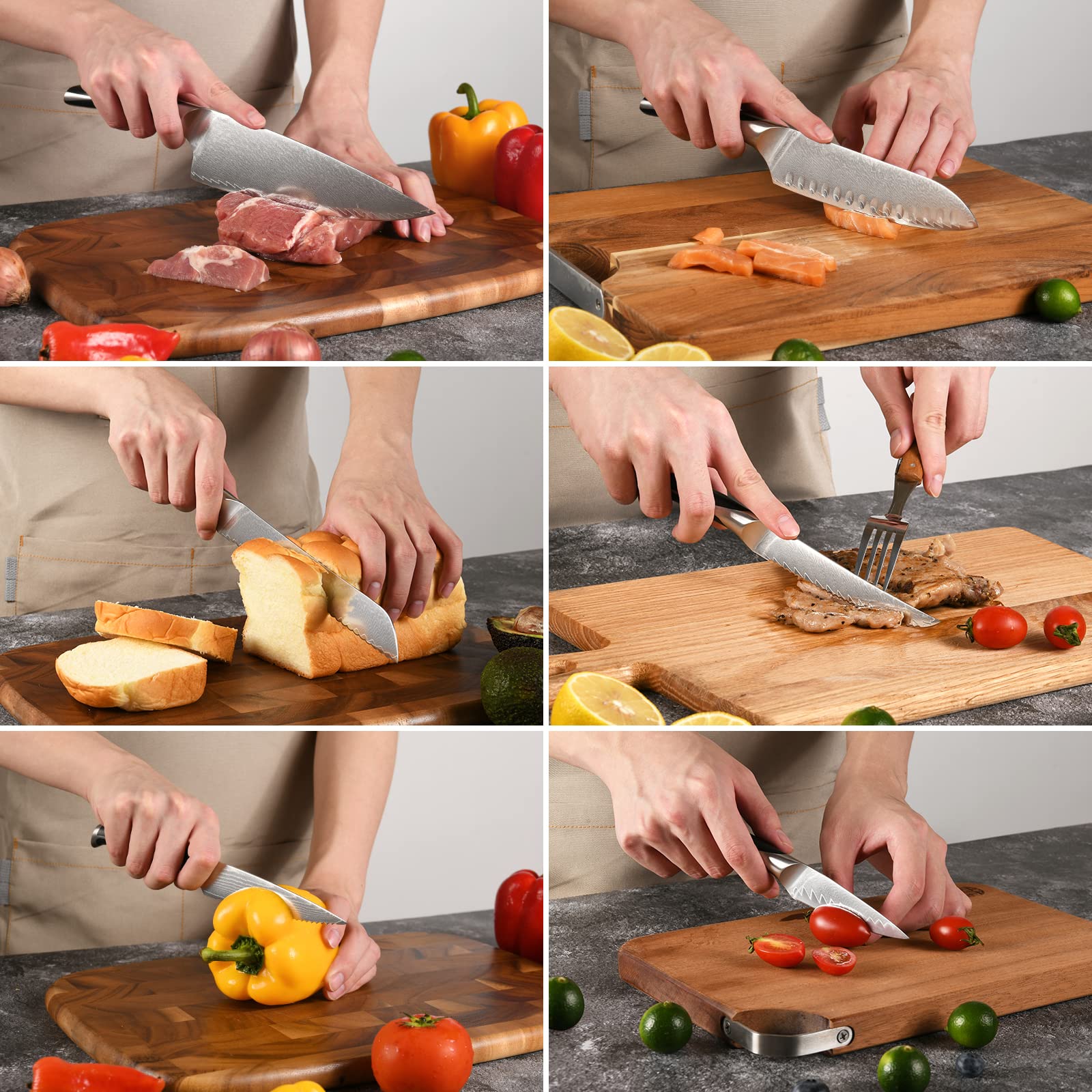 Premium 15-Piece Damascus Steel Knife Set with Wooden Block - Professional Chef Knives, Carving Fork & Ergonomic ABS Handles - Perfect for Home Cooking, Meat Carving & Kitchen Gifts