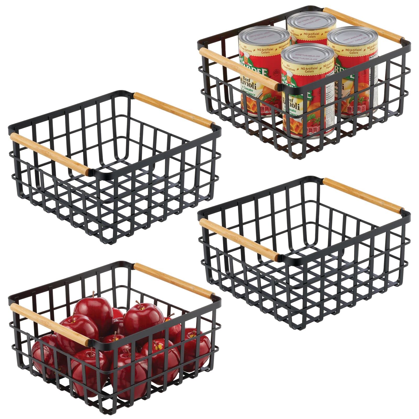 Farmhouse Metal Wire Food Storage Bin Basket with Bamboo Handles - 12