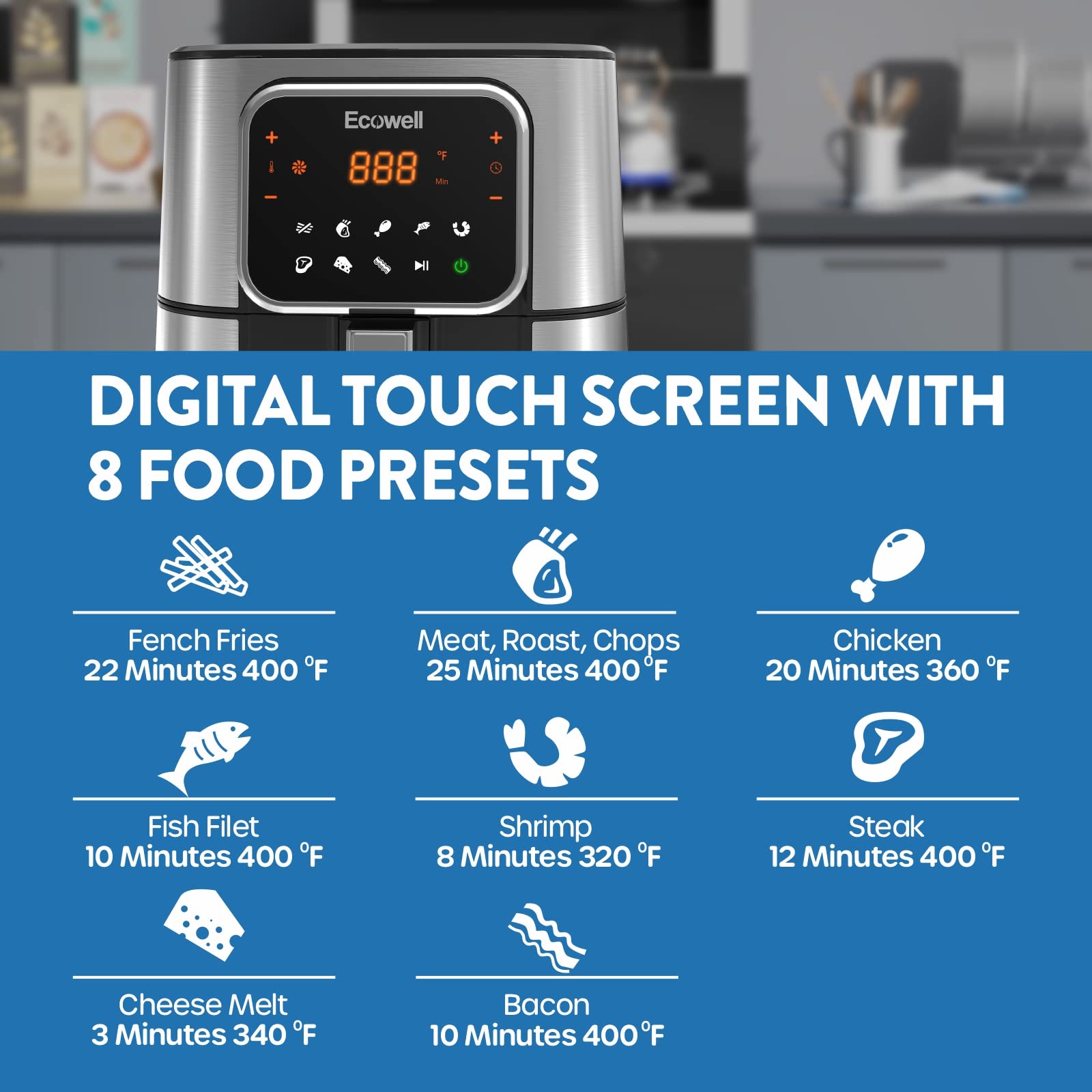 ECOWELL TXS5T2 6 Quart Large Air Fryer - Stainless Steel, 1700W, 8 Presets, Digital Touch Screen, BPA-Free, Nonstick & Dishwasher-Safe - Perfect for Family Cooking (3-5 People) - Healthy Meals, Snacks & Quick Dinners - Black