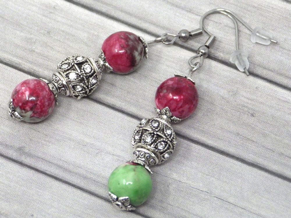 Elegant Stainless Steel Earrings with Reconstituted Jade Beads - Green & Red with Crystal Accents | Perfect for Casual Wear, Parties & Gift Giving