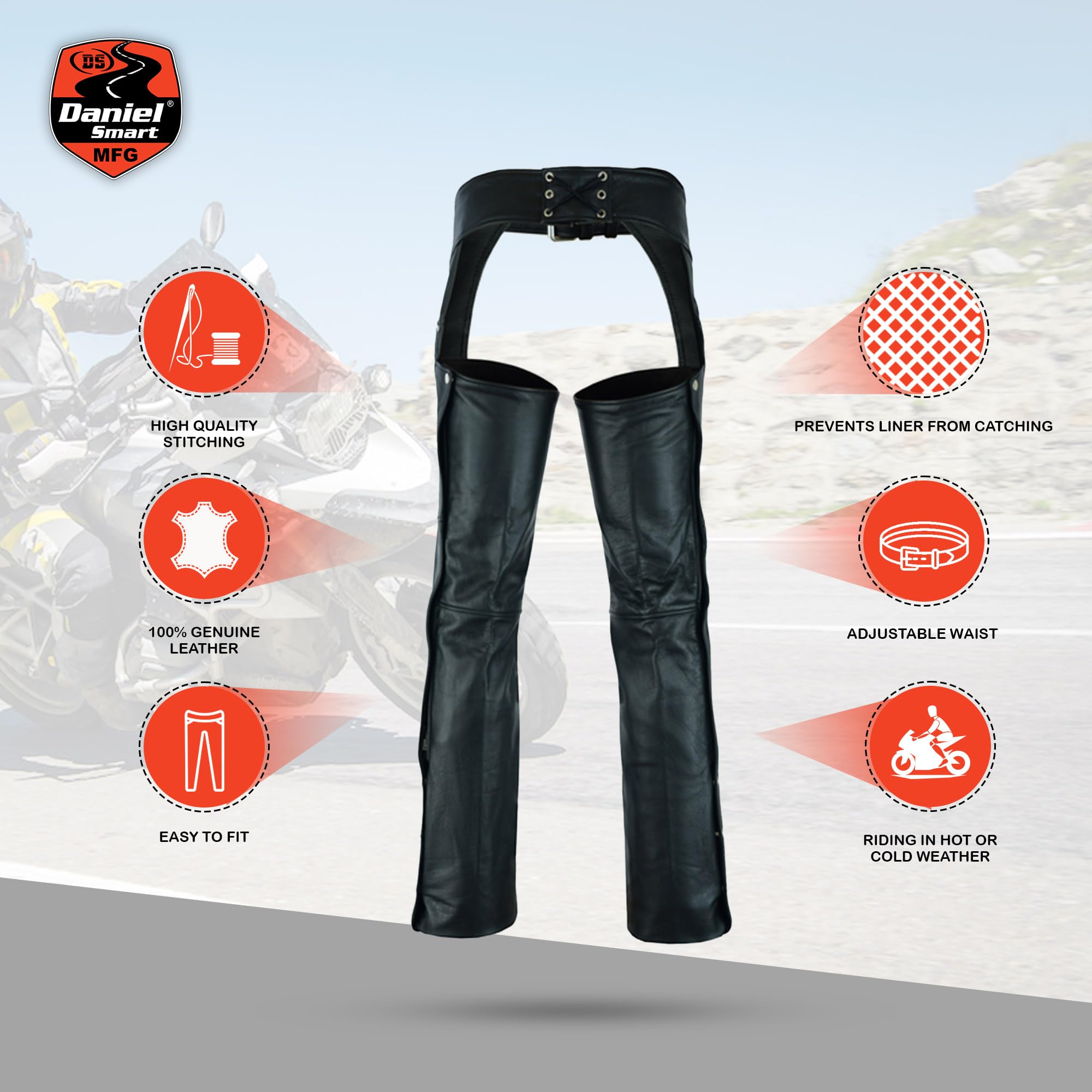 Daniel Smart Motorcycle Leather Chaps - All Season Unisex Biker Pants with Adjustable Fit & Jean Style Pockets for Harley, Cruiser & Touring Rides