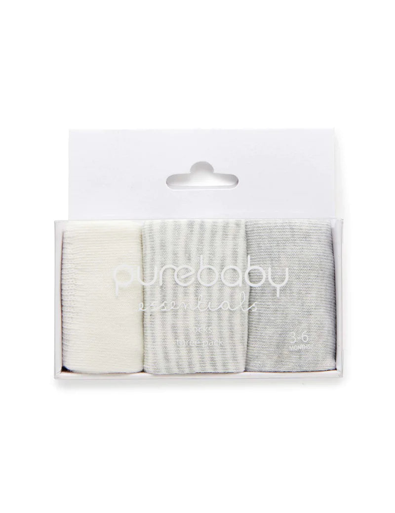 Purebaby Essentials 3-Pack Baby Socks - Soft Cotton Grey & White for Newborns & Infants - Perfect for Daily Wear, Playtime & Gift Giving