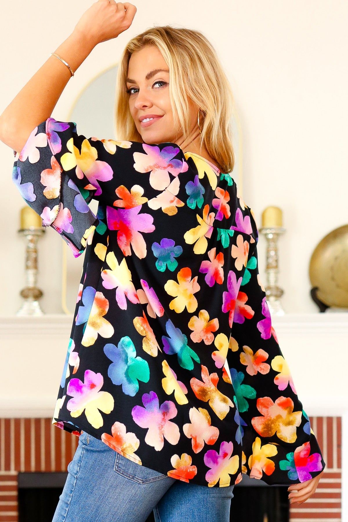 Be Bold Black Floral Hi-Lo Ruffle Sleeve Woven Blouse | Women's Fashion Tops for Party, Date Night & Special Occasions