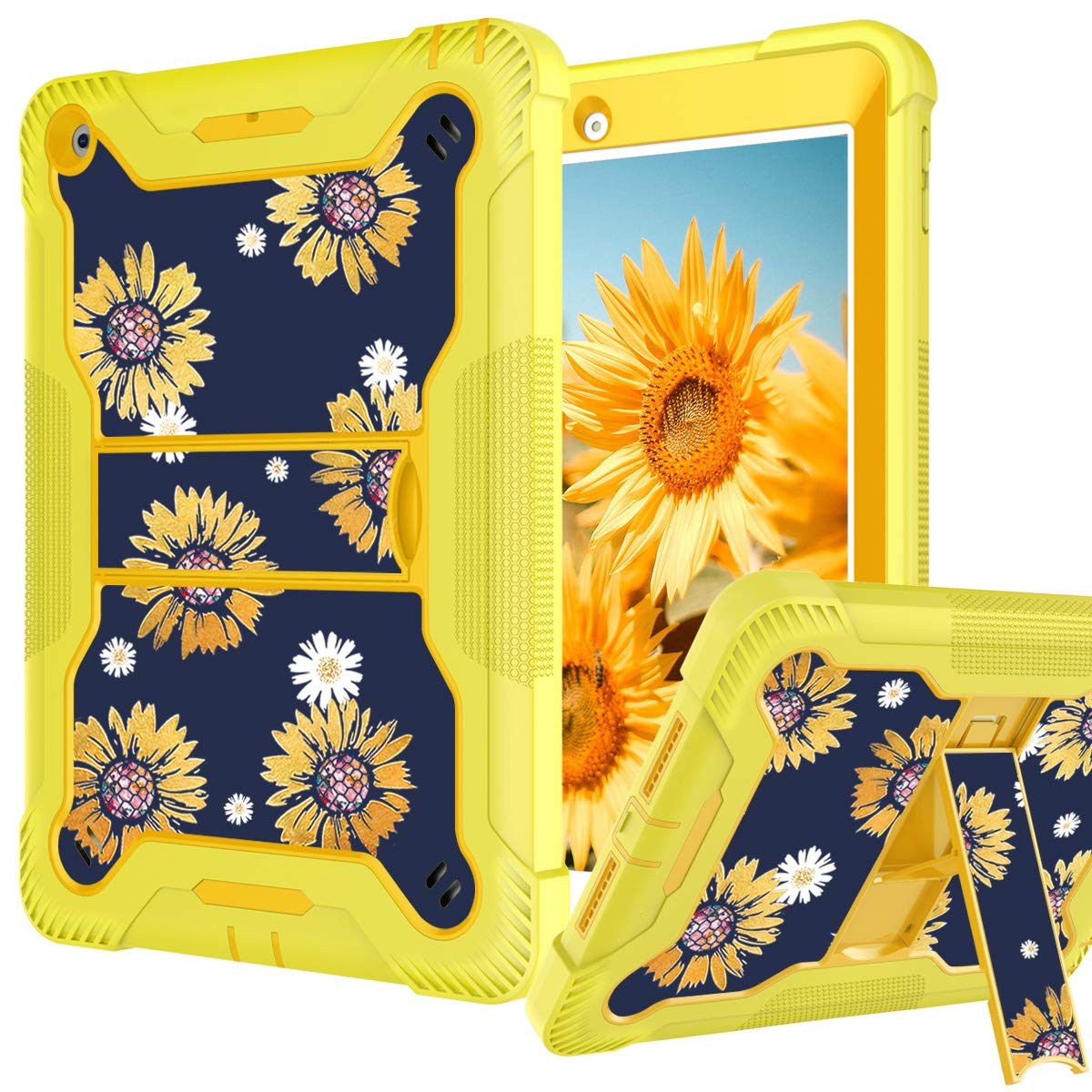 Sunflower Glitter iPad 9.7 Case (2017/2018 5th/6th Gen) - Heavy Duty Shockproof Hybrid Cover with Kickstand | Hard PC Back & Soft Silicone Bumper | Protective Case for iPad 9.7 inch - Perfect for School, Work & Travel (Yellow)