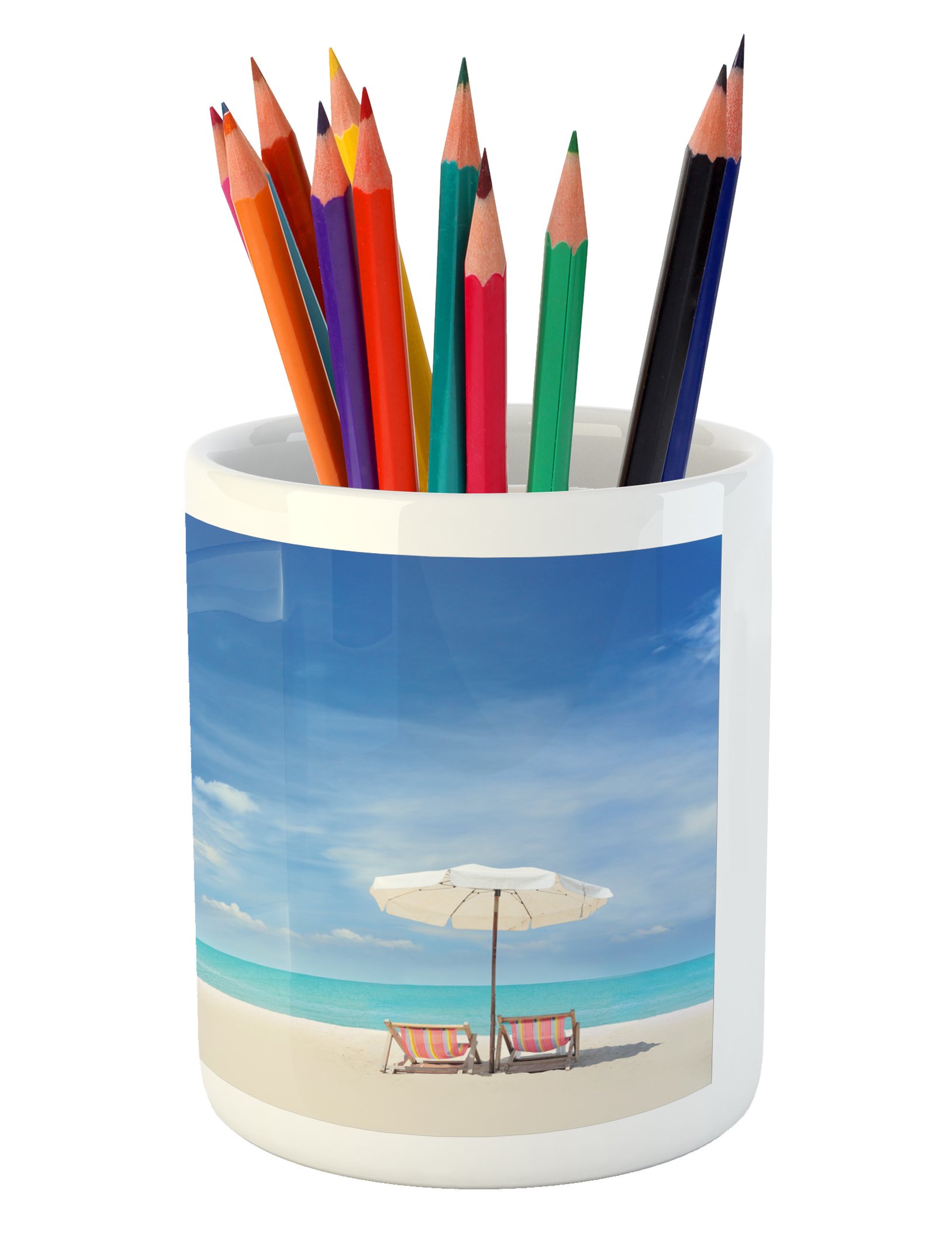 Ceramic Pencil Holder for Desk - Tropical Beach Seascape Design with Chairs & Umbrella - 3.6